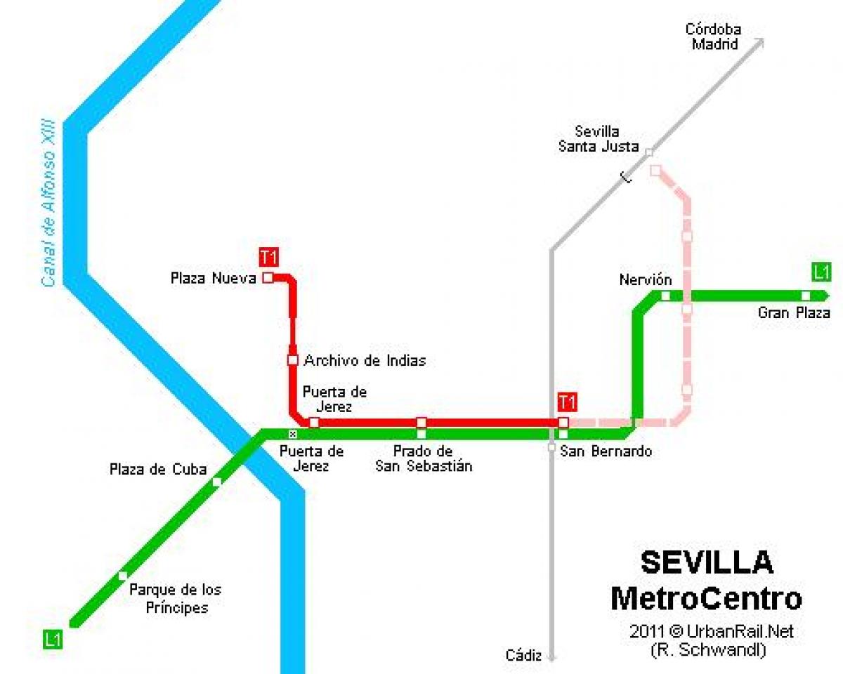 zemljevid Sevilli tramvaj