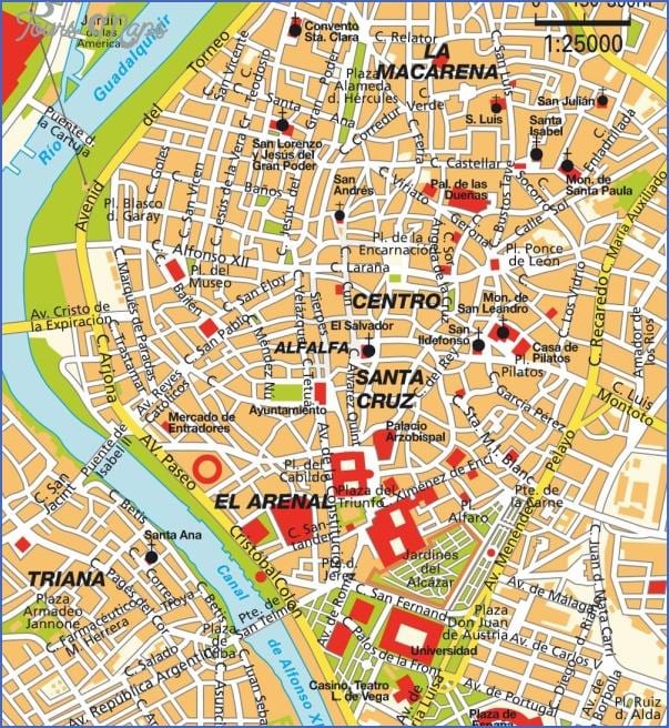Sevilli v španiji zemljevid turističnih znamenitosti.