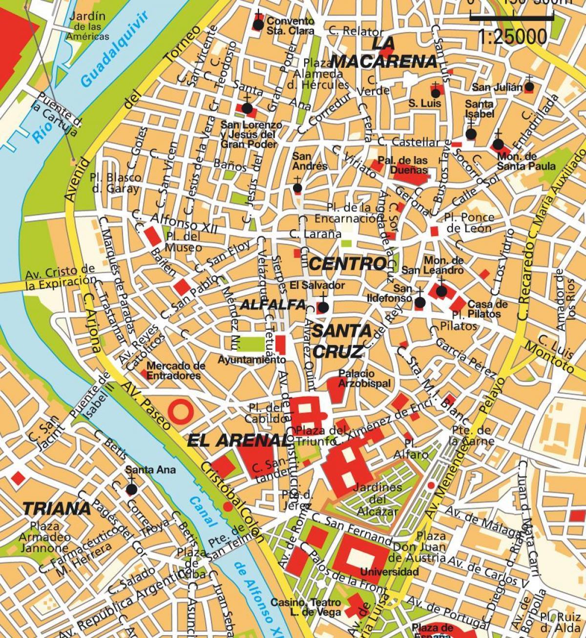 zemljevid Sevilli v španiji mestno središče
