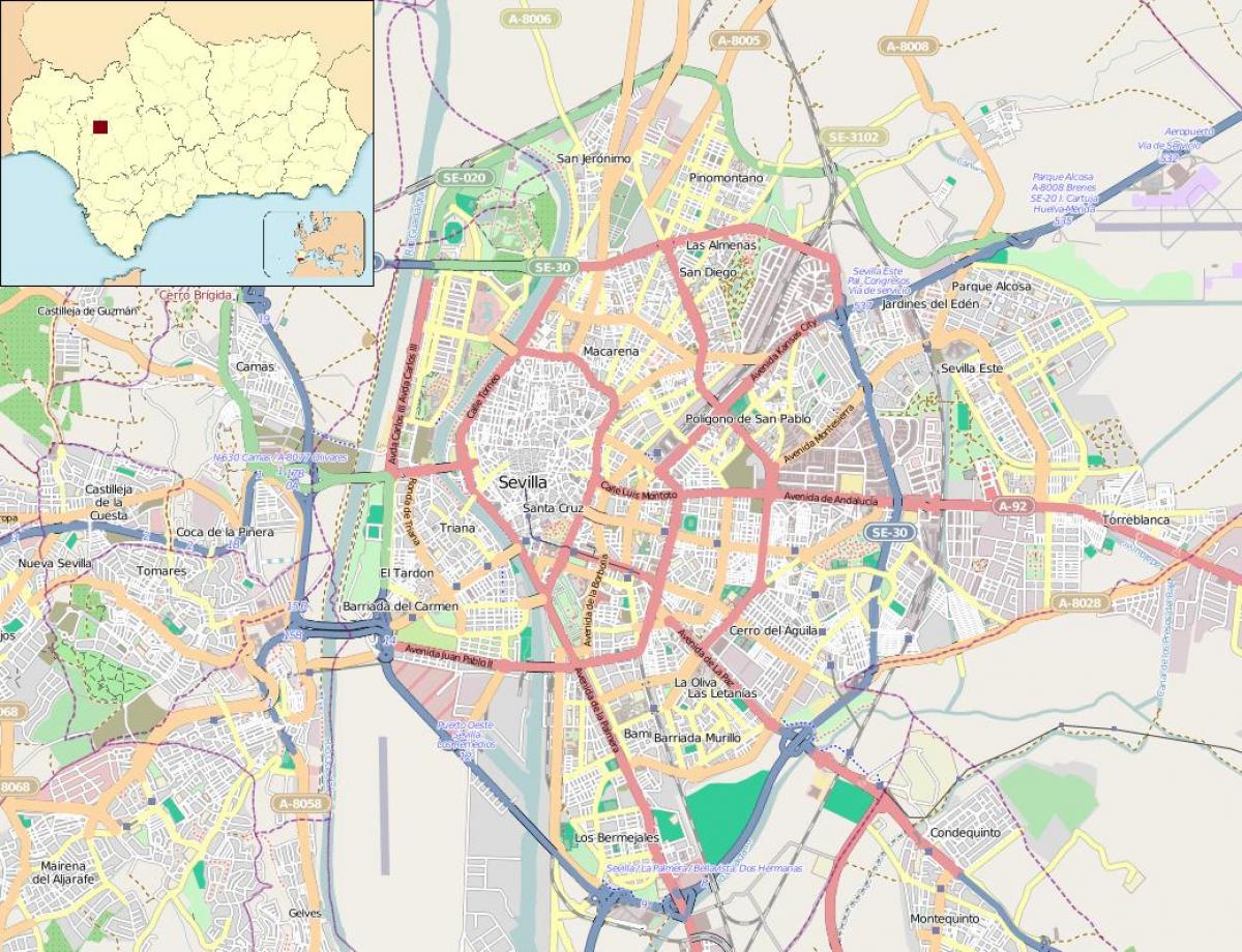 zemljevid Sevilli v španiji soseskah